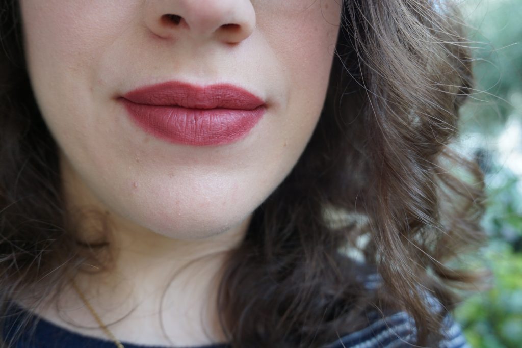 Velvet Blush Lipstick on lips